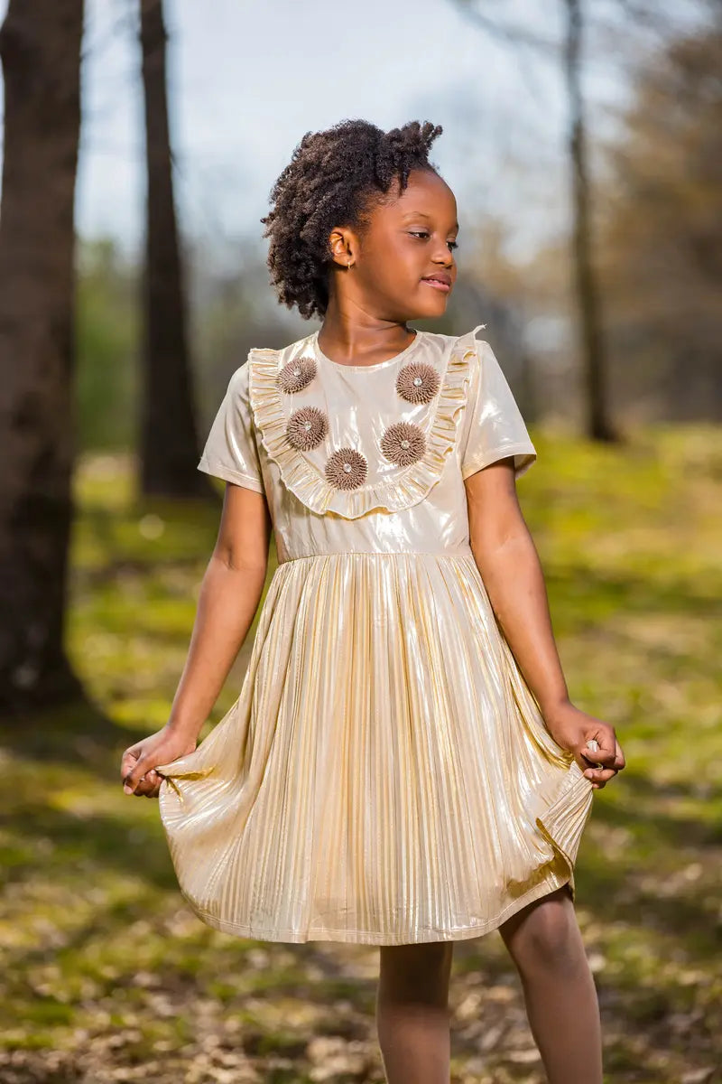 Girls Gold Party Dress Asymmetrical Hem Sparkly Fabric Yotty Boutik