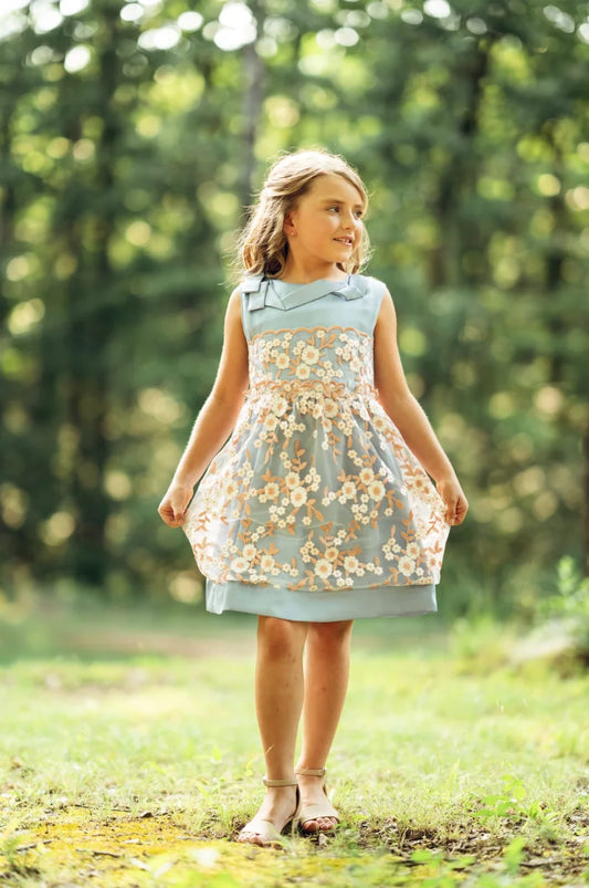 Blue embroidered flower dress for girls, perfect for parties and special occasions. Elegant design with intricate floral detailing, ideal for formal events and celebrations