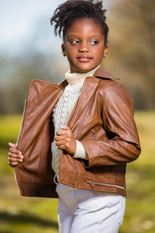 Girls' Tan Faux Leather Jacket with Floral Embroidery & Side Zipper, Stylish and Trendy Kids Outerwear, Yotty Boutik