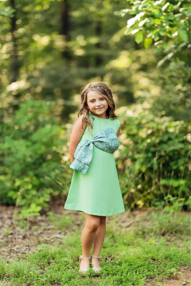 Olive green sleeveless party dress for girls with oversized cyan bow, perfect for special occasions and formal events