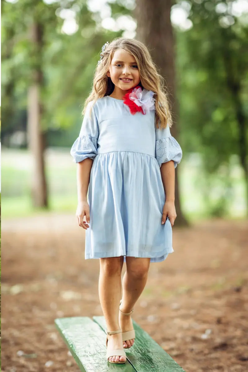 Girls Light Blue A-Line Dress with Side Bow & Pentagon Sleeves - Yotty Boutik