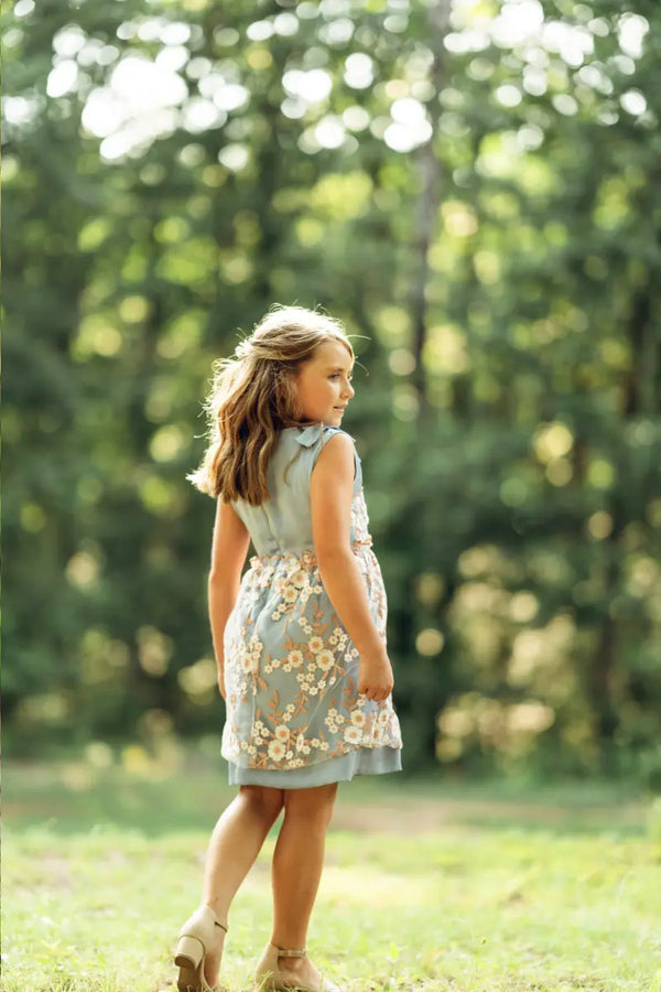 Blue Embroidered Flower Dress with Neck Ribbon - Yotty Boutik