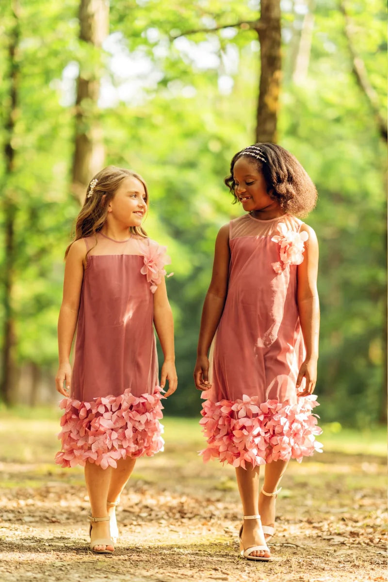 Girls' Pink Organza Dress with Jewel Neckline and Floral Embellishments - Yotty Boutik