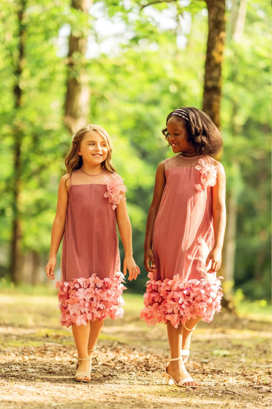 Girls' Pink Organza Dress with Jewel Neckline and Floral Embellishments - Yotty Boutik