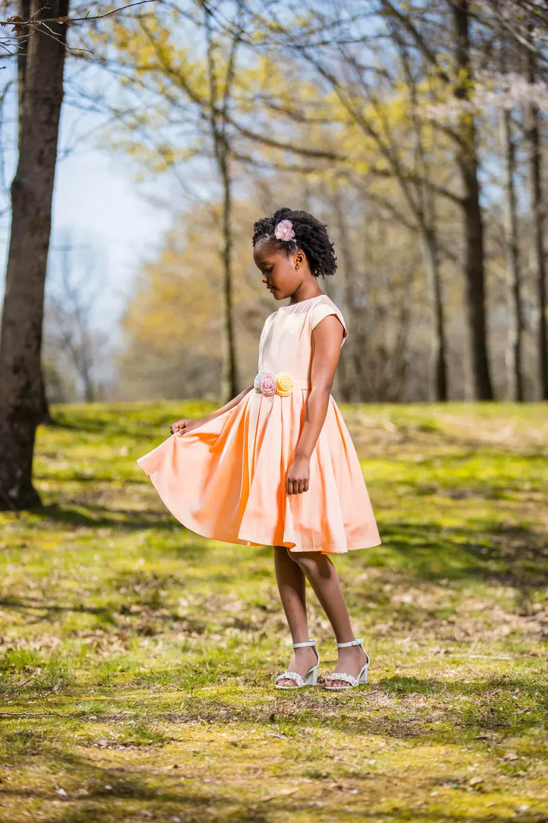 Girls Salmon Dress with Flower Belt - Yotty Boutik