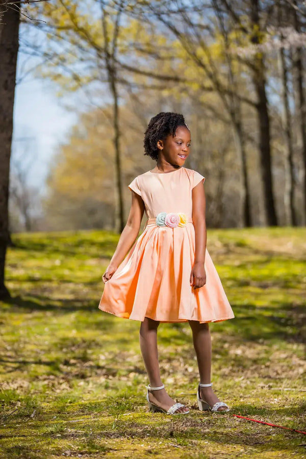 Girls Salmon Dress with Flower Belt - Yotty Boutik