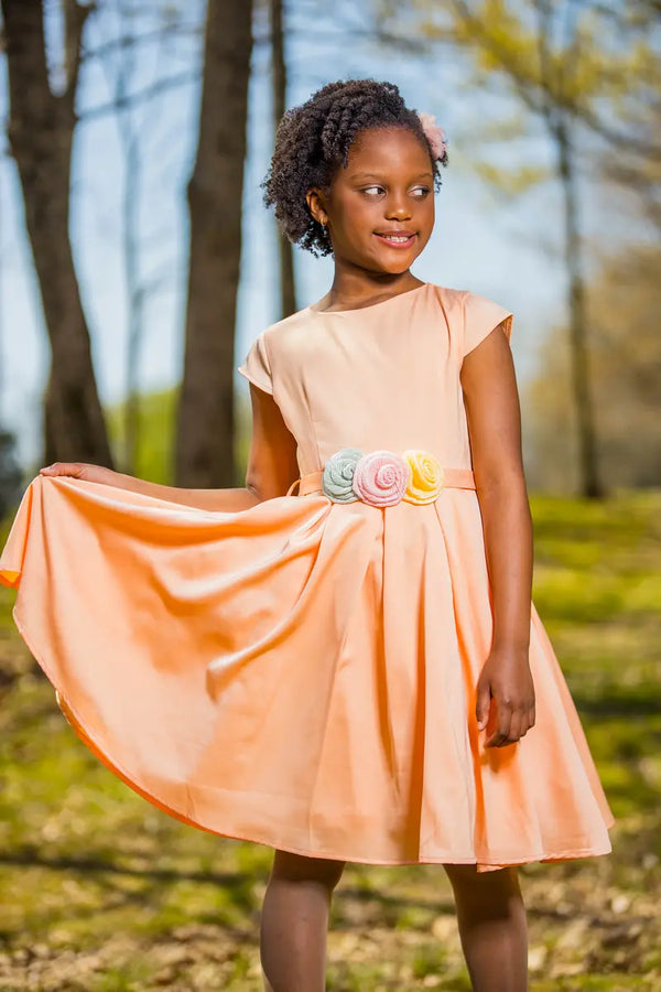 Girls Salmon Dress with Flower Belt - Yotty Boutik