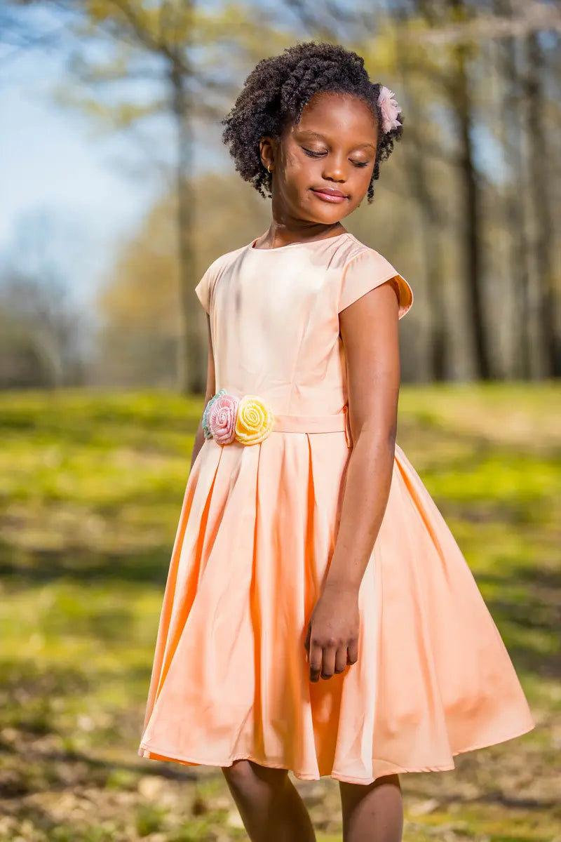 Girls Salmon Dress with Flower Belt - Yotty Boutik