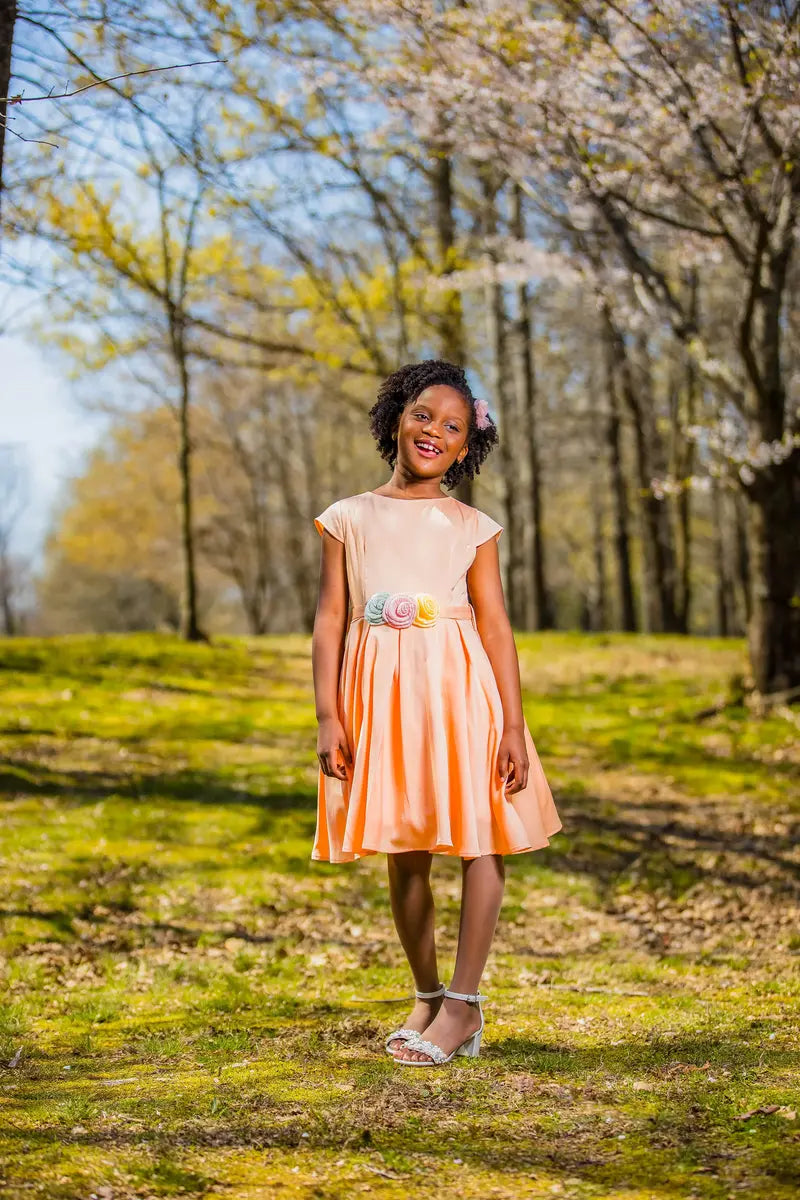 Girls Salmon Dress with Flower Belt - Yotty Boutik