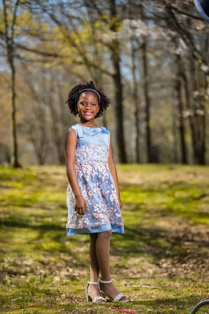 Blue Embroidered Flower Dress with Neck Ribbon - Yotty Boutik