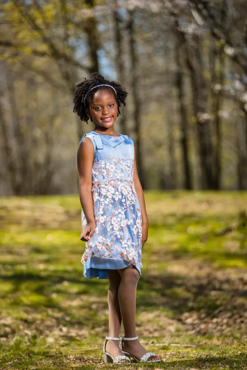 Blue Embroidered Flower Dress with Neck Ribbon - Yotty Boutik