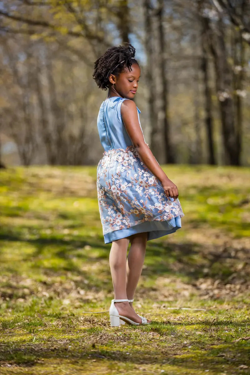 Blue Embroidered Flower Dress with Neck Ribbon - Yotty Boutik