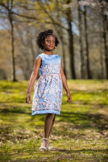 Blue Embroidered Flower Dress with Neck Ribbon - Yotty Boutik