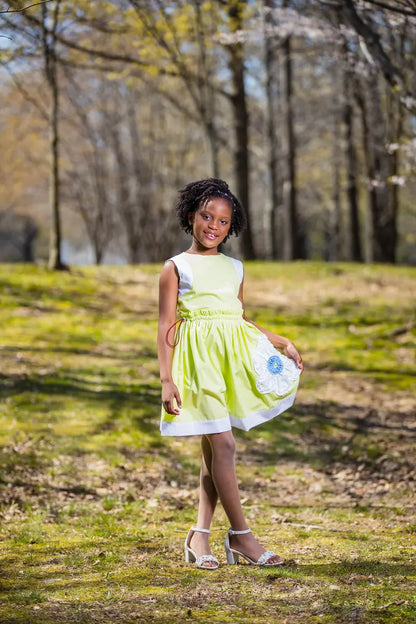 Unique Flower Girl Dress | White with Lime Floral Skirt - Yotty Boutik