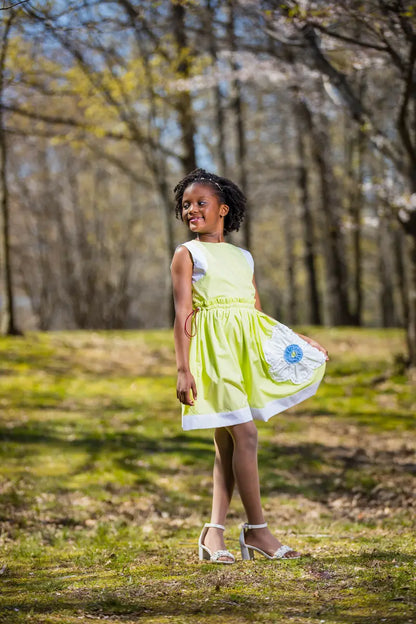 Unique Flower Girl Dress | White with Lime Floral Skirt - Yotty Boutik