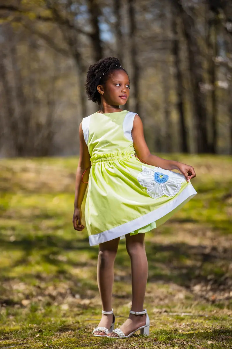 Unique Flower Girl Dress | White with Lime Floral Skirt - Yotty Boutik