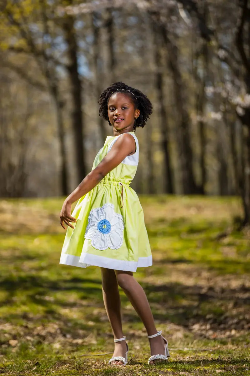 Unique Flower Girl Dress | White with Lime Floral Skirt - Yotty Boutik