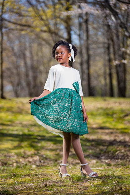 Girls' White and Teal Blouson Dress with Green Bow - Yotty Boutik