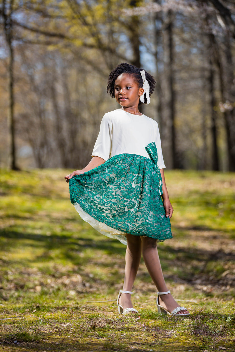 Girls' White and Teal Blouson Dress with Green Bow - Yotty Boutik