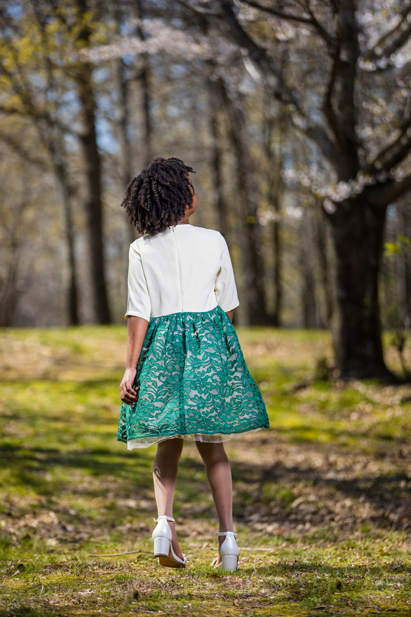 Girls' White and Teal Blouson Dress with Green Bow - Yotty Boutik