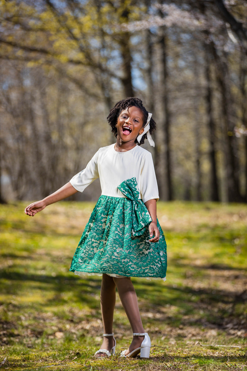 Girls' White and Teal Blouson Dress with Green Bow - Yotty Boutik