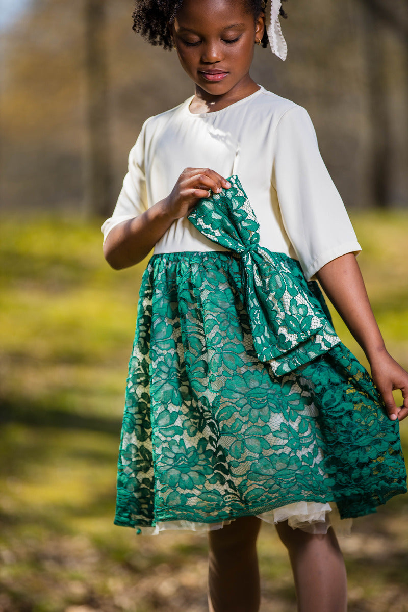 Girls' White and Teal Blouson Dress with Green Bow - Yotty Boutik