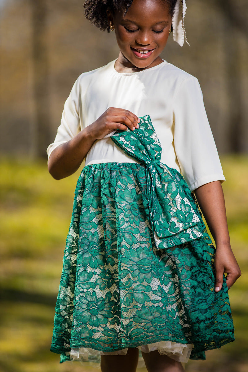 Girls' White and Teal Blouson Dress with Green Bow - Yotty Boutik