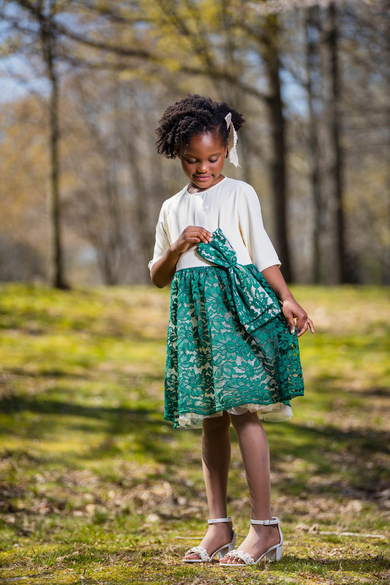 Girls' White and Teal Blouson Dress with Green Bow - Yotty Boutik