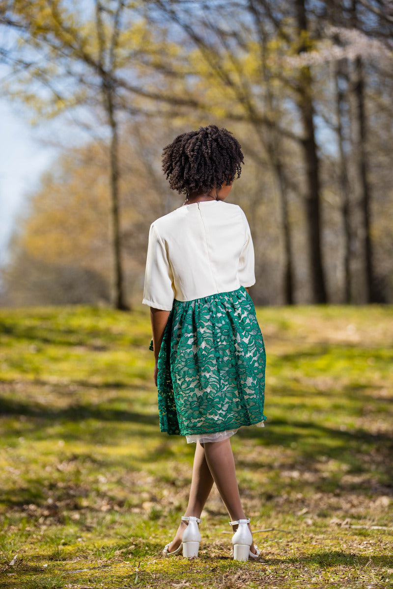 Girls' White and Teal Blouson Dress with Green Bow - Yotty Boutik