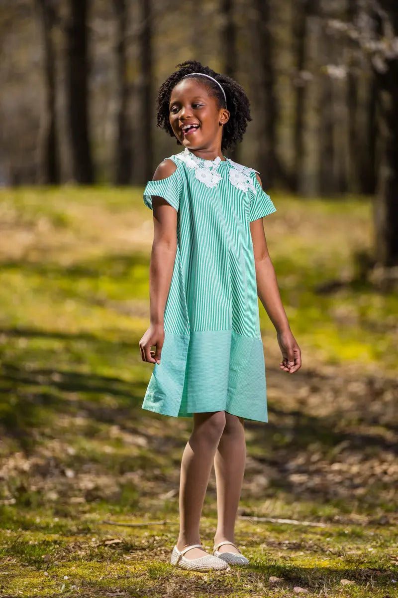 Girl's Green and White Striped Lace Dress with Flower Design - Yotty Boutik