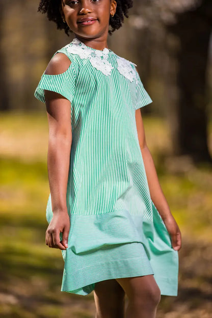 Girl's Green and White Striped Lace Dress with Flower Design - Yotty Boutik