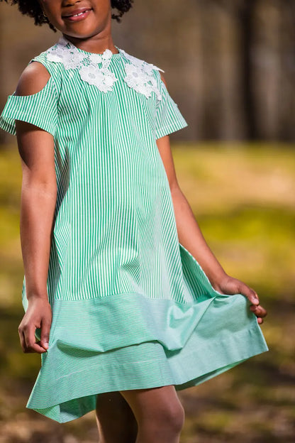 Girl's Green and White Striped Lace Dress with Flower Design - Yotty Boutik