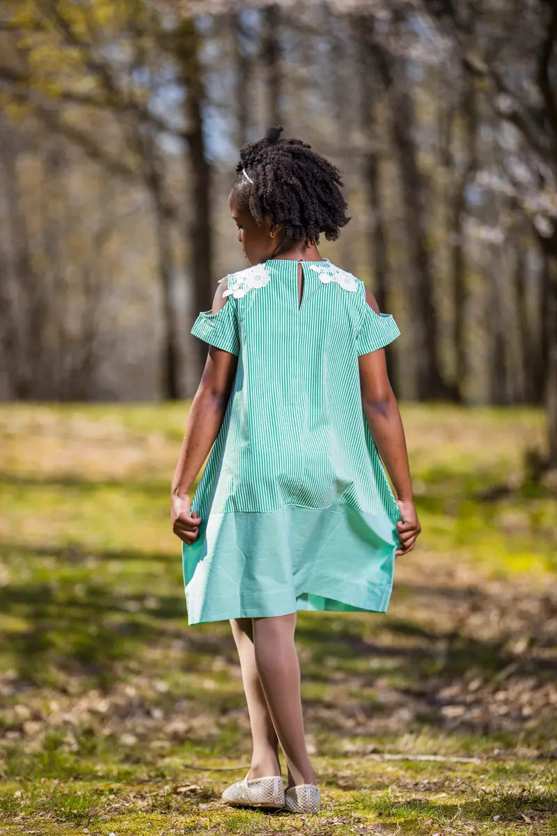 Girl's Green and White Striped Lace Dress with Flower Design - Yotty Boutik