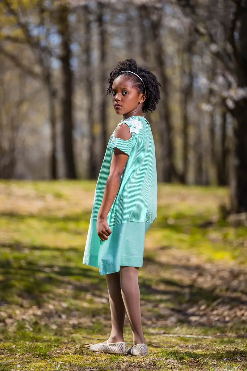 Girl's Green and White Striped Lace Dress with Flower Design - Yotty Boutik