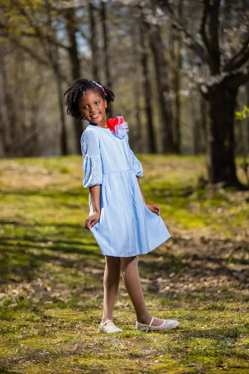 Girls Light Blue A-Line Dress with Side Bow & Pentagon Sleeves - Yotty Boutik