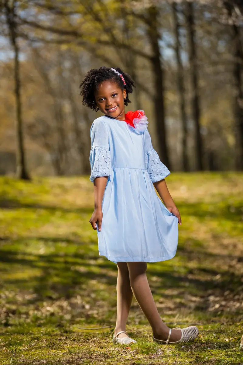 Girls Light Blue A-Line Dress with Side Bow & Pentagon Sleeves - Yotty Boutik