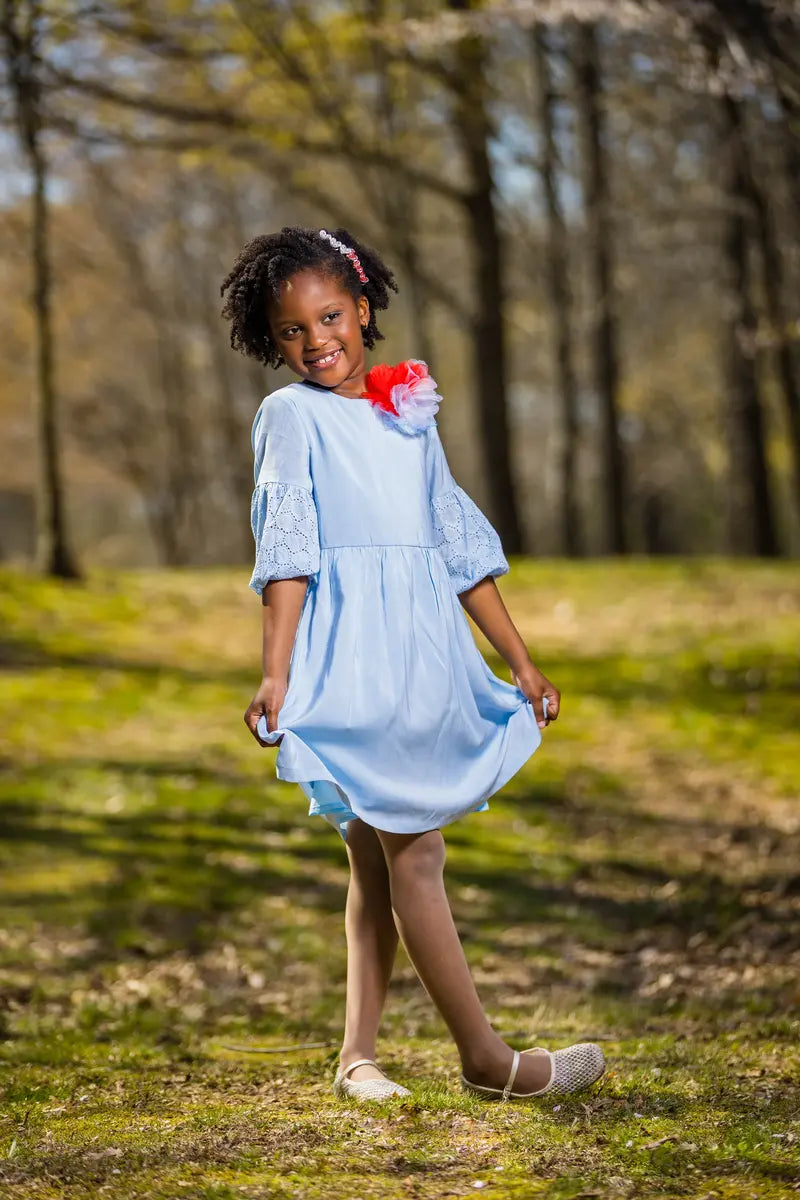 Girls Light Blue A-Line Dress with Side Bow & Pentagon Sleeves - Yotty Boutik