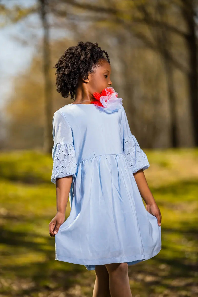 Girls Light Blue A-Line Dress with Side Bow & Pentagon Sleeves - Yotty Boutik