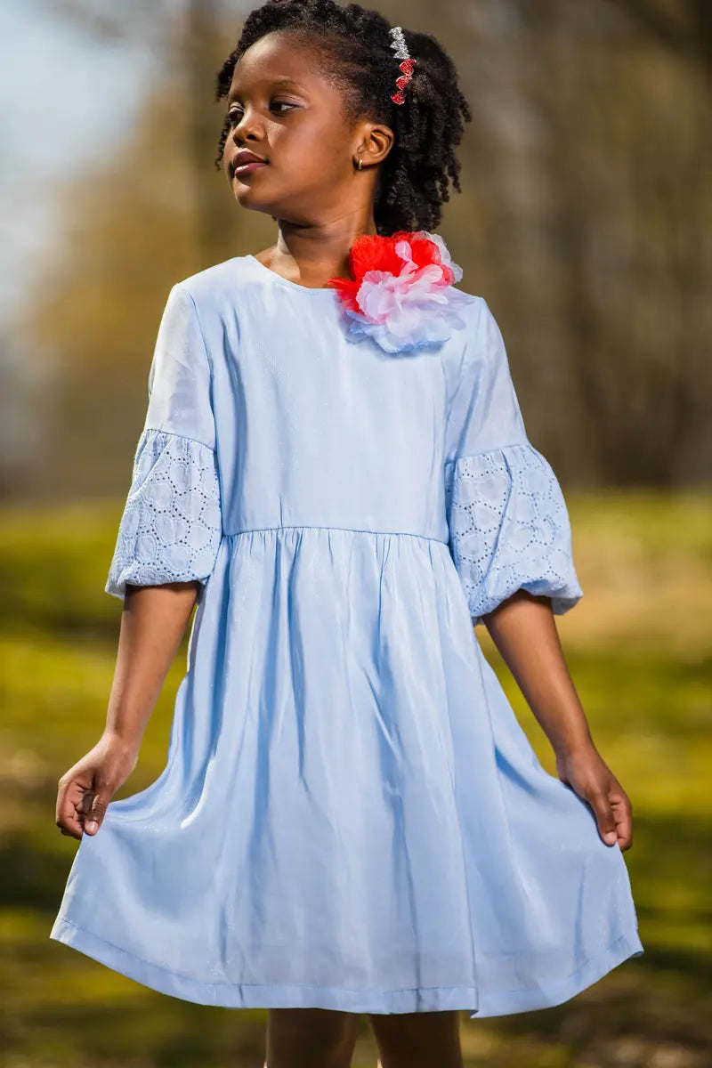 Girls Light Blue A-Line Dress with Side Bow & Pentagon Sleeves - Yotty Boutik