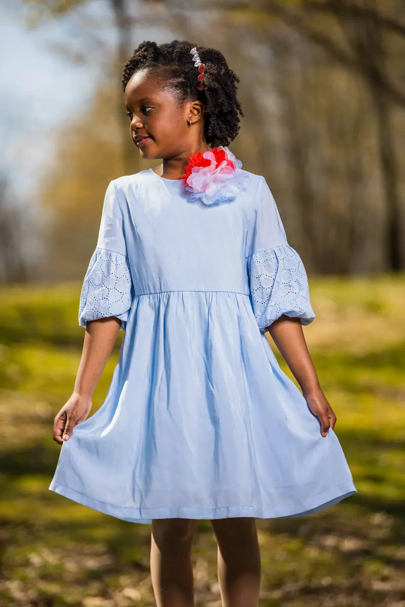 Girls Light Blue A-Line Dress with Side Bow & Pentagon Sleeves - Yotty Boutik