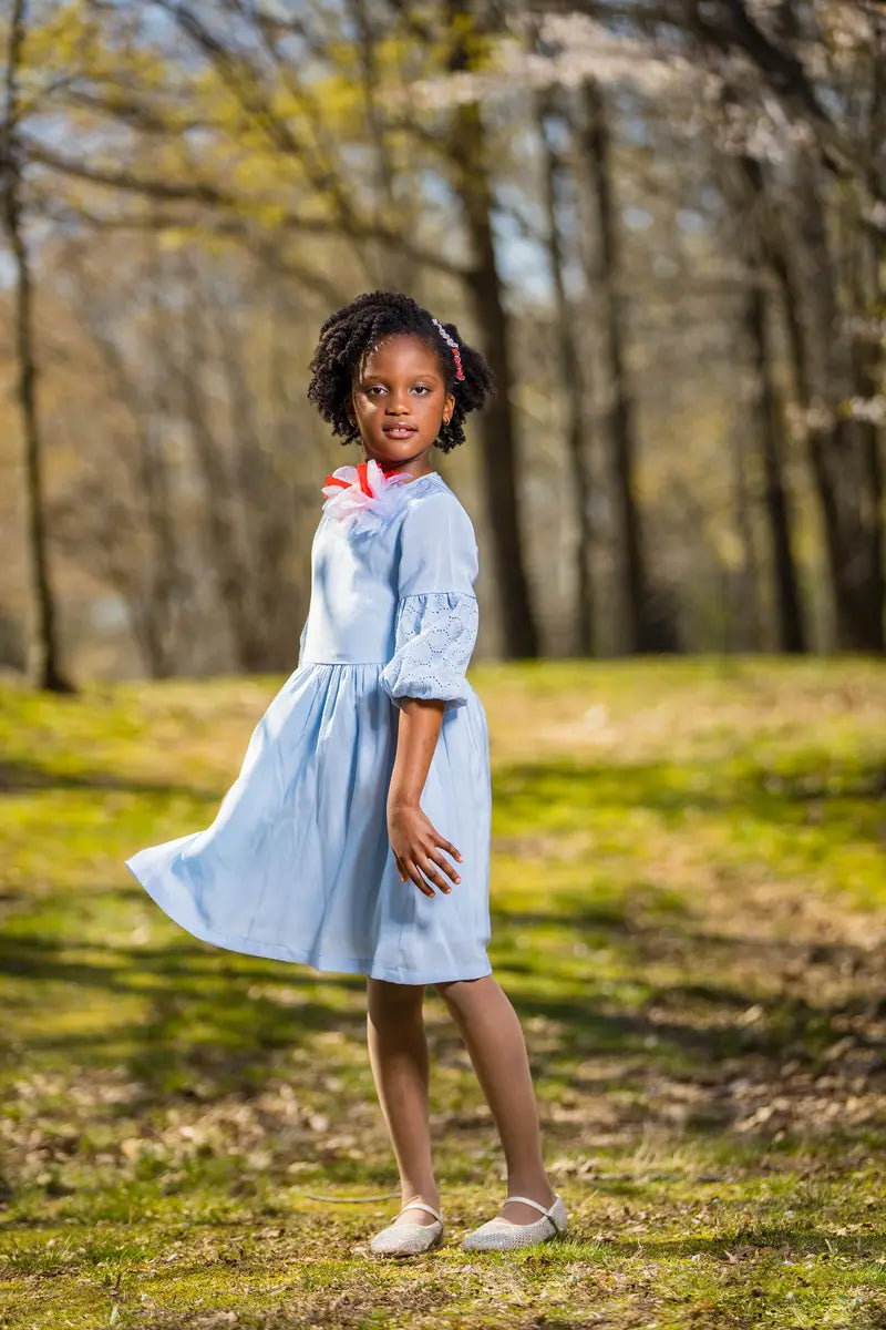 Girls Light Blue A-Line Dress with Side Bow & Pentagon Sleeves - Yotty Boutik