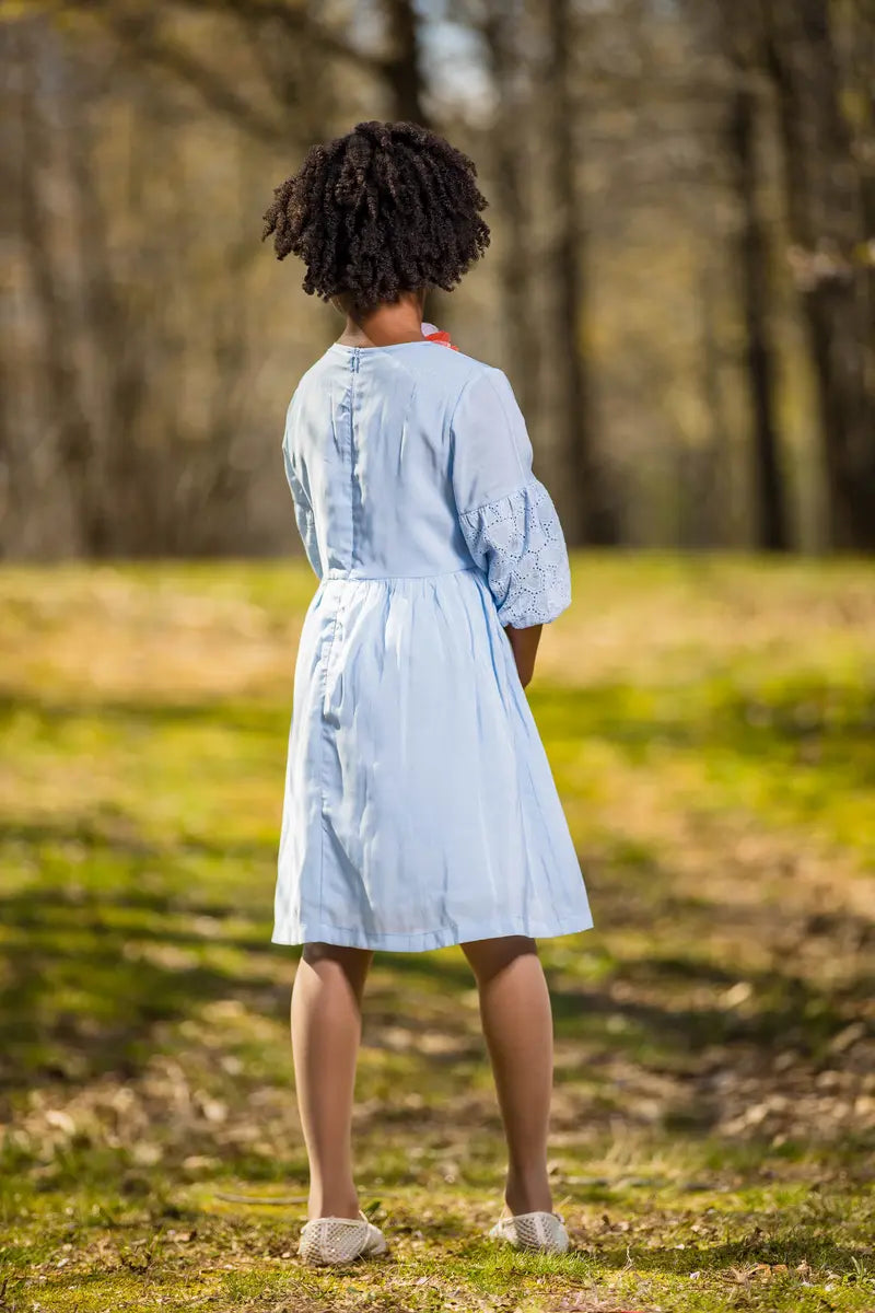 Girls Light Blue A-Line Dress with Side Bow & Pentagon Sleeves - Yotty Boutik