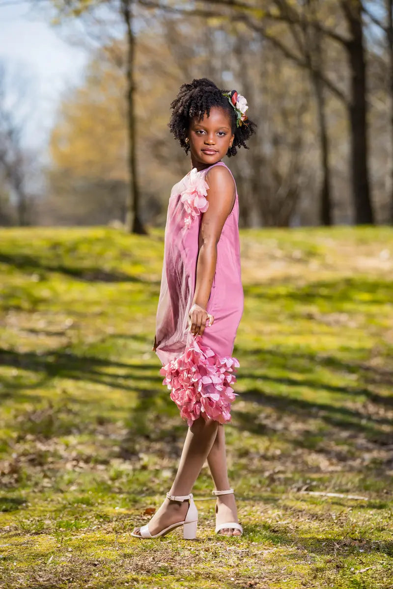 Girls' Pink Organza Dress with Jewel Neckline and Floral Embellishments - Yotty Boutik