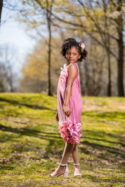 Girls' Pink Organza Dress with Jewel Neckline and Floral Embellishments - Yotty Boutik