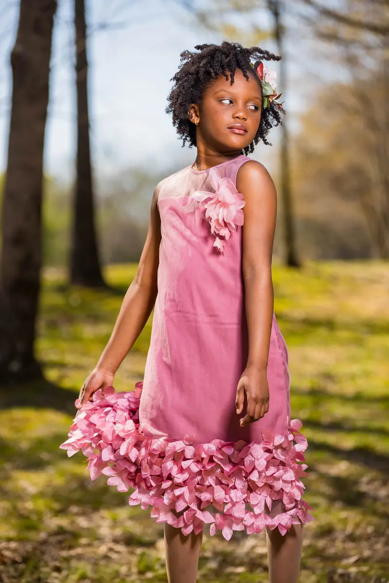 Girls' Pink Organza Dress with Jewel Neckline and Floral Embellishments - Yotty Boutik