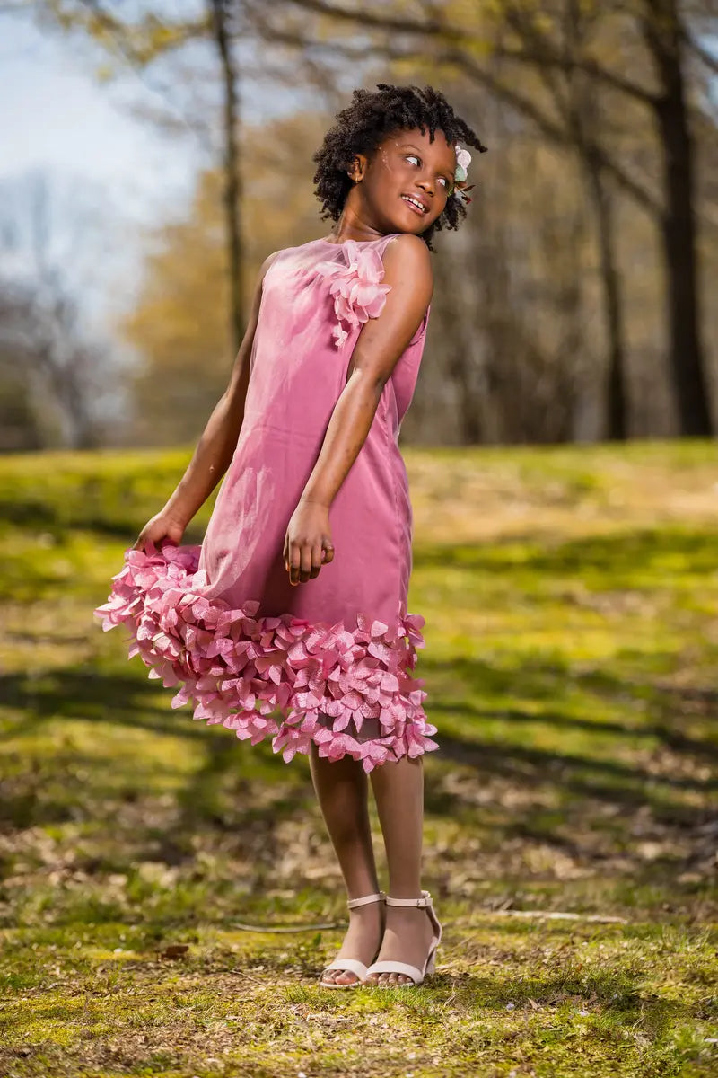 Girls' Pink Organza Dress with Jewel Neckline and Floral Embellishments - Yotty Boutik