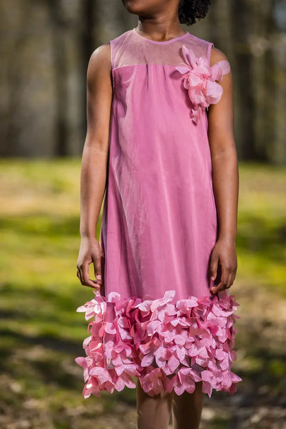 Girls' Pink Organza Dress with Jewel Neckline and Floral Embellishments - Yotty Boutik