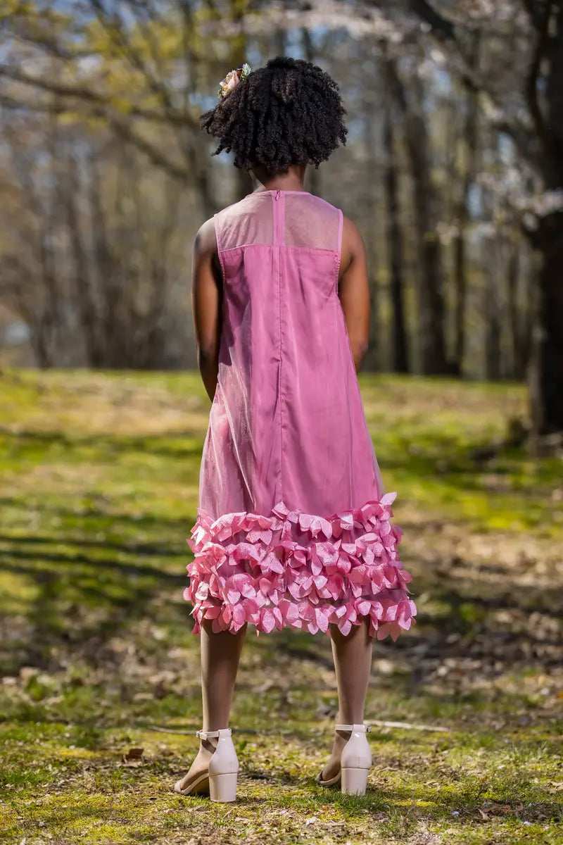 Girls' Pink Organza Dress with Jewel Neckline and Floral Embellishments - Yotty Boutik