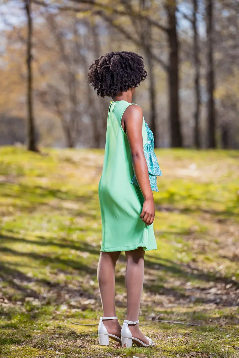 Olive Green Party Dress with Cyan Bow