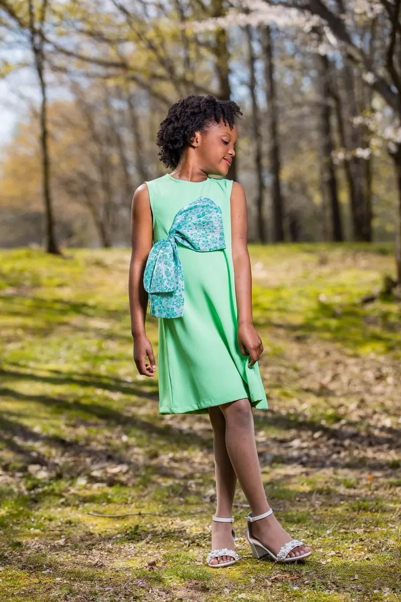Olive Green Party Dress with Cyan Bow | Boutique Elegance Yotty Boutik 9-10 Yrs Olive Green Party Dress with Cyan Bow | Boutique Elegance Yotty Boutik 9-10 Yrs